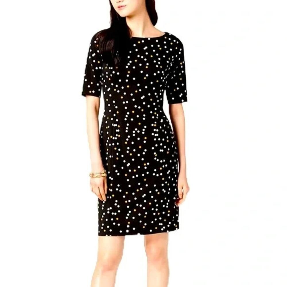 Alfani Women Black Gold Polka Dot Sz 10 Sheath Dress Short Sleeve Knee length
